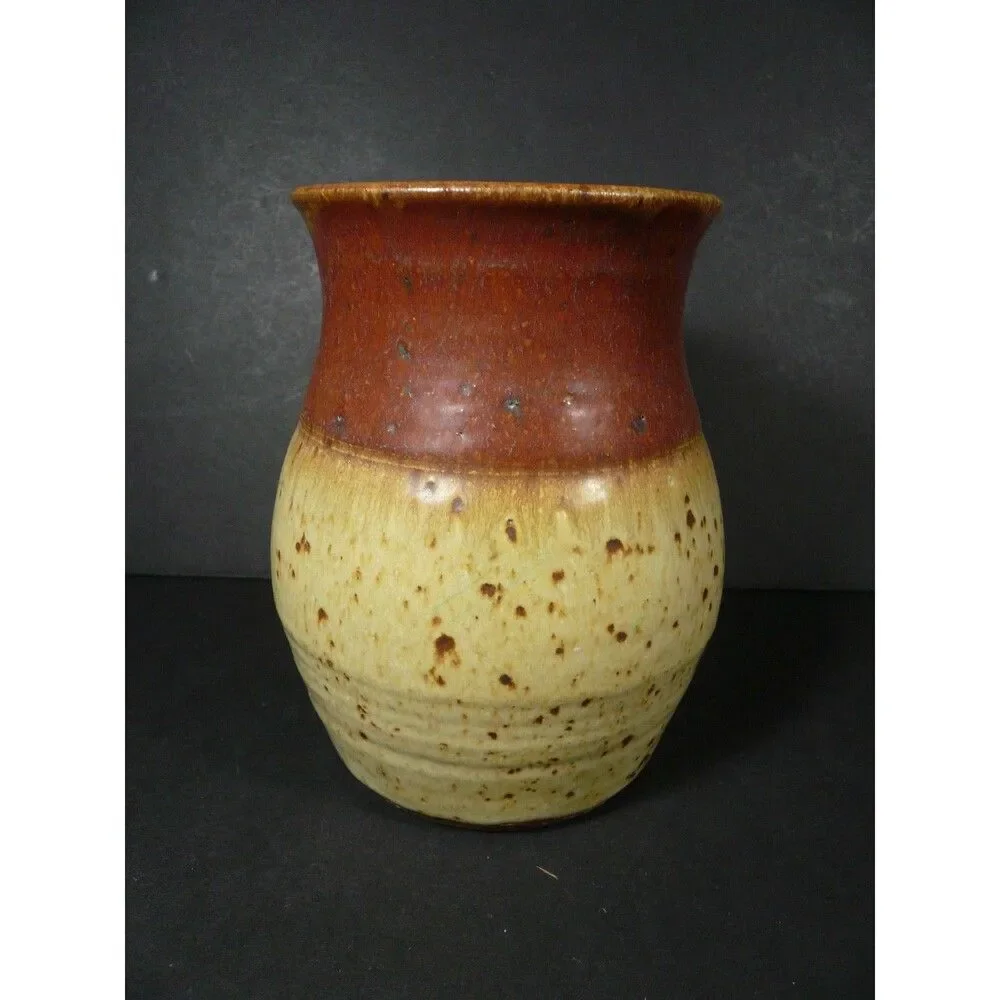 Vtg M. Jerry Studio Pottery Signed Stoneware Speckled Brown Tones Vase 6½